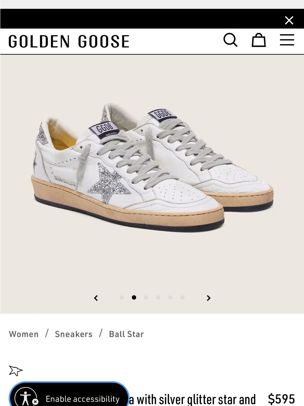 Golden Goose Women’s White Sneakers with Silver Glitter Star and Tan Sole